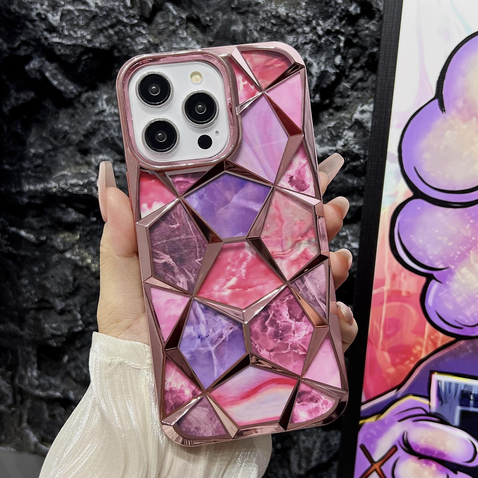 

For iPhone 16 Pro Max Case Electroplating Rhombus Design TPU Phone Cover with Marble Pattern Paper Gold