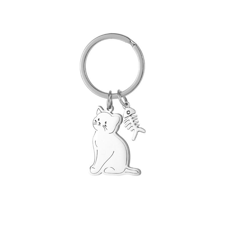 Cartoon Cat And Fish Keychains Polished Stainless Steel Animal Cat Pendant Children's Funny Keychains