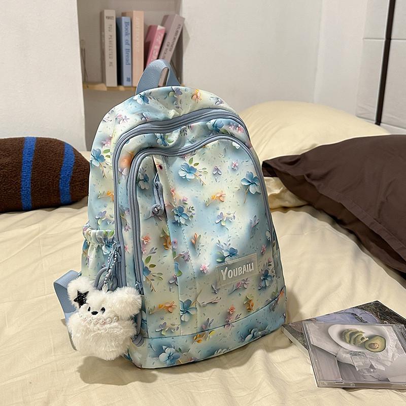 

Cute Flower Rabbit Panda Cat Pattern Student Backpack With Pendant For Casual Travel And School Use Large синий