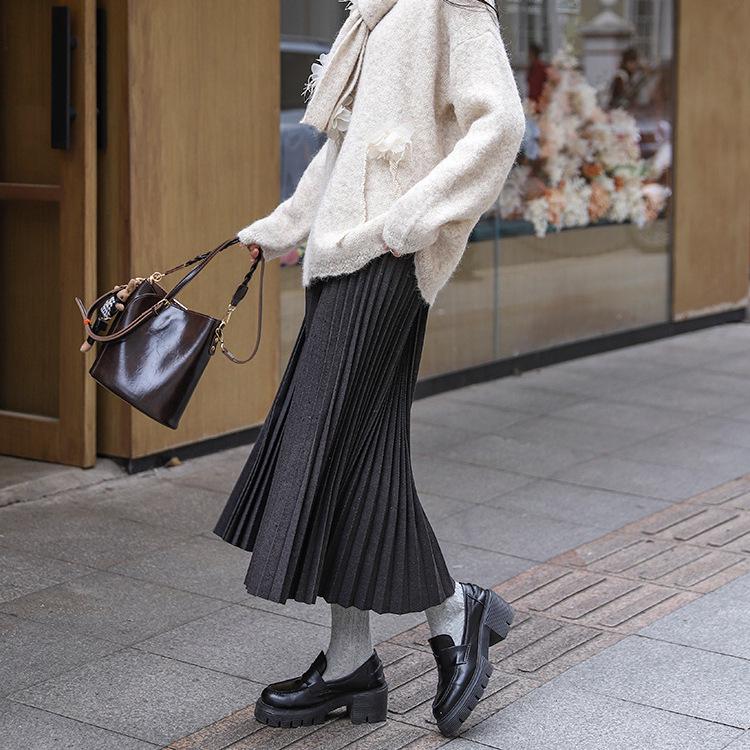 Winter 2024 Women's High-Waisted Wool Blend Pleated Midi Skirt – Slimming A-line Casual Style