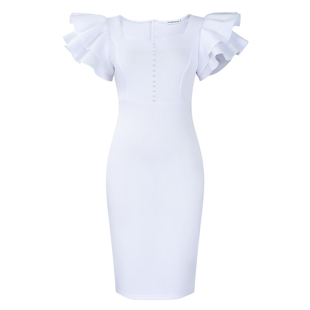 Summer Fashion Women's Nail Bead Lotus Leaf Sleeve Hip Wrap Banquet Dress Dress
