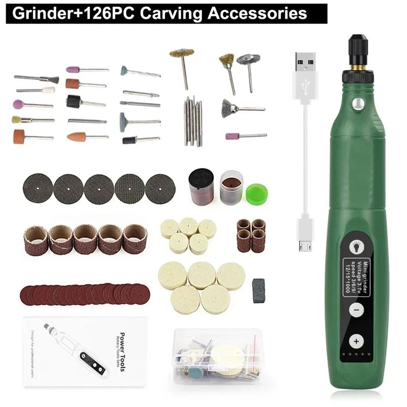 USB Rechargeable Electric Drill Mini Multifunction Electric Grinder 5 Gears with Light Polishing Machine Practical Abrasive Set