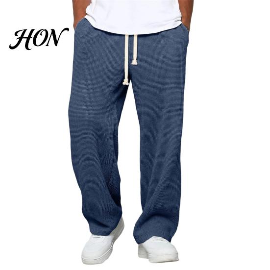 Versatile Outdoor Activewear Men Waffle Baggy Trousers, Wide Leg Drawstring Waist Slacks, Loose Fit Relaxed Travel Pants Casual Sweatpants with