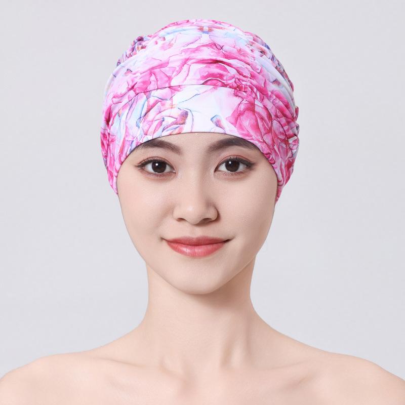 Damen Bunte Bedruckte Bandana Schwimmkappe Wasserdichtes Elastisches Material Langhaarfreundlich Schwimmen am Meer Strandzubehör