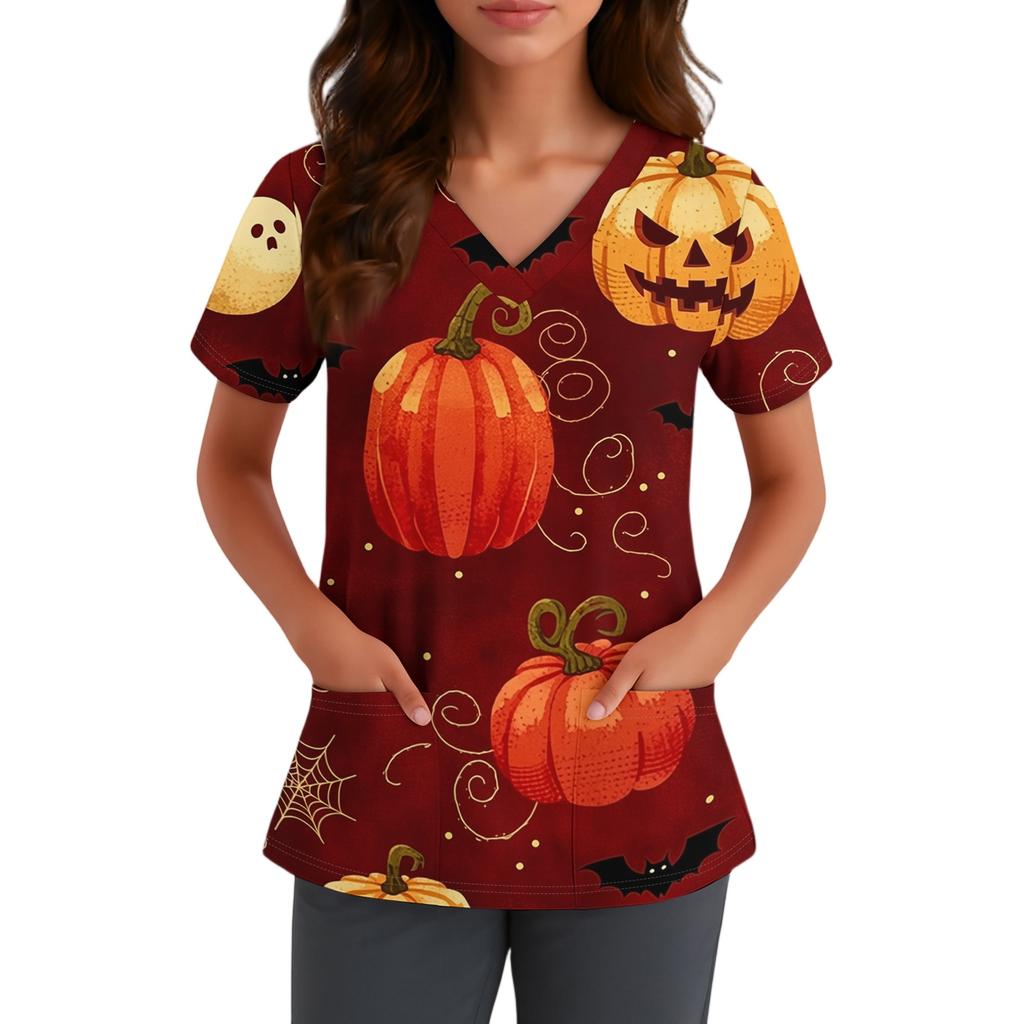 Women V Neck Short Sleeve Top with Pockets Halloween Themed Printed Scrub Shirt Comfortable Fit for Staff