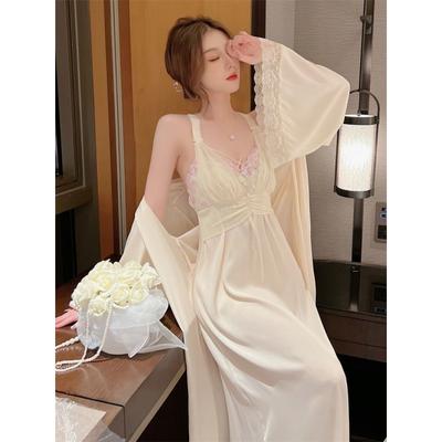 Women's Bathrobe Set Solid Lace V Neck Lace Patchwork Satin Ladies 2 Pcs Dressing Gown and Nightdress Sexy Silk Nightwear Female