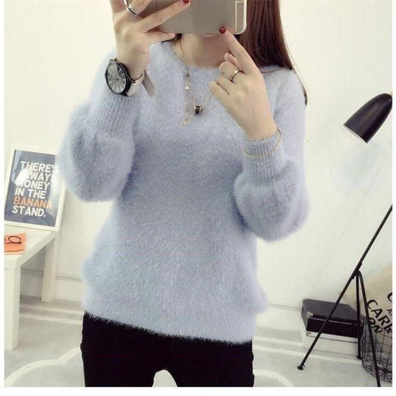 

Осень и Зима Круглый вырез Длинный рукав Повседневный свитер Женские вязаные топы Свитер-пуловер One Size светло-серый