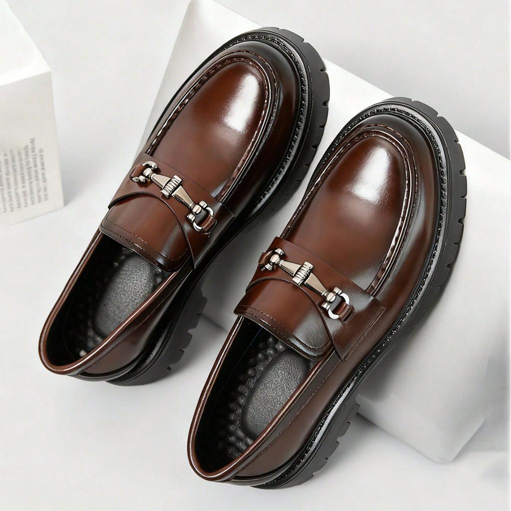 Europe Fashi Thick Sole Men's Penny Loafers Slip-On Business Dress Shoes Gentleman Glossy Buckle Formal Party Black Shoes