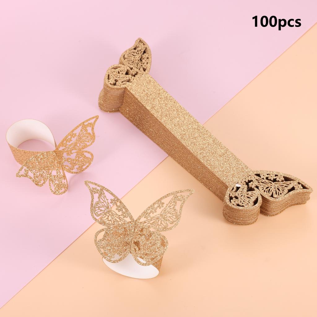 50pcs 3D Butterfly Napkin Ring Premium Frosted Paper Exquisite Hollow Texture Gold Silver Blue Pink Glitter Sprinkled Decor Home