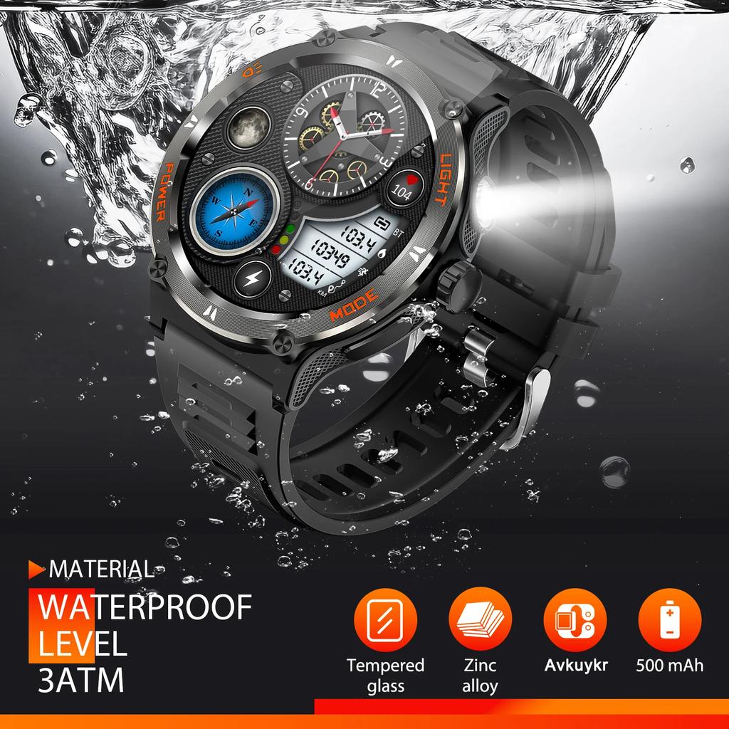 Outdoor Military Smart Watch Men LED Strong Light AMOLED Screen Heart Rate Compass Bluetooth Call 3ATM Waterproof Smartwatch
