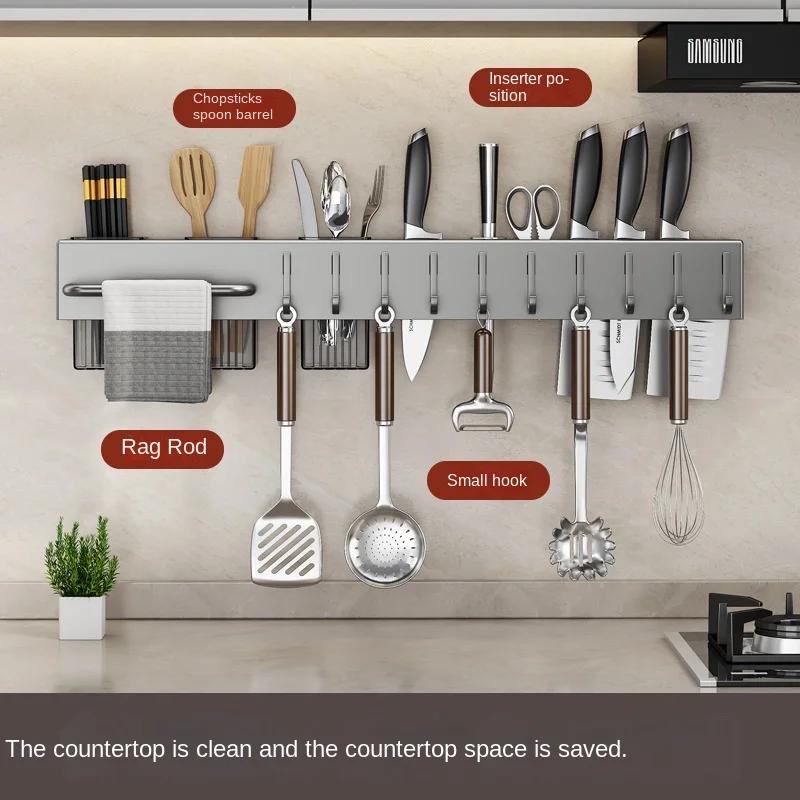 Grey 30/40cm Wall Mounted Kitchen Organizer Rack Multifunctional Knife Holder with Towel Hanger Utensils Storage Shelf