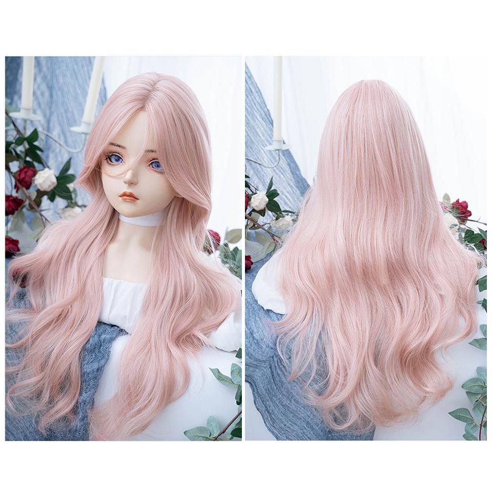 WTB Pink Long Curly Hair Synthetic Wig Female Full Head Lolita Eight Bangs Big Wave Girl Pink Natural Wig Hair Cover