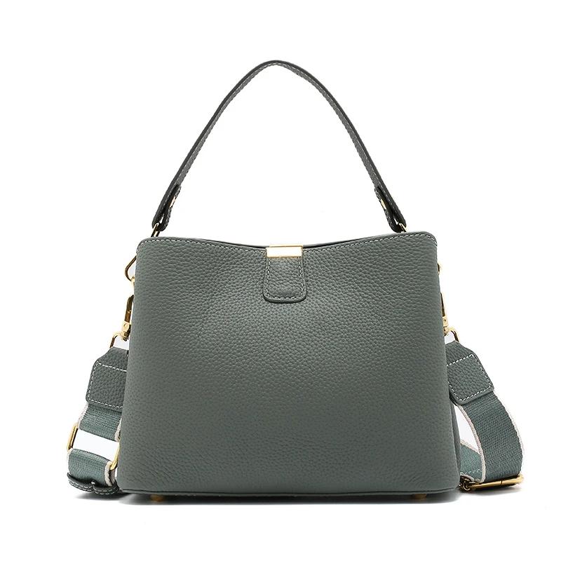 Genuine Leather Shoulder Bucket Bag Women Basket Tote Soft Handbag Genuine Leather Women Fashi Commuter One-shoulder Handbag