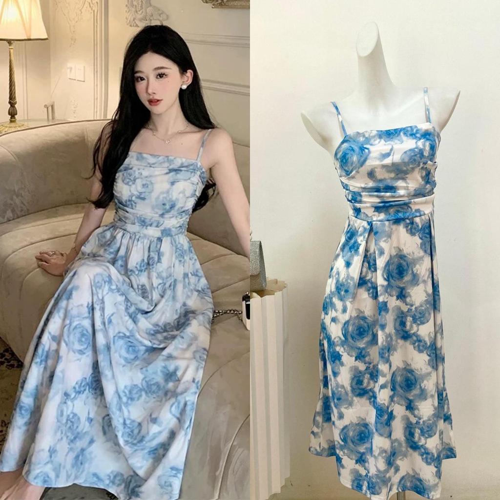 Retro Floral Sleeveless Beach Dress - Slim Fit, Versatile Vacation Style