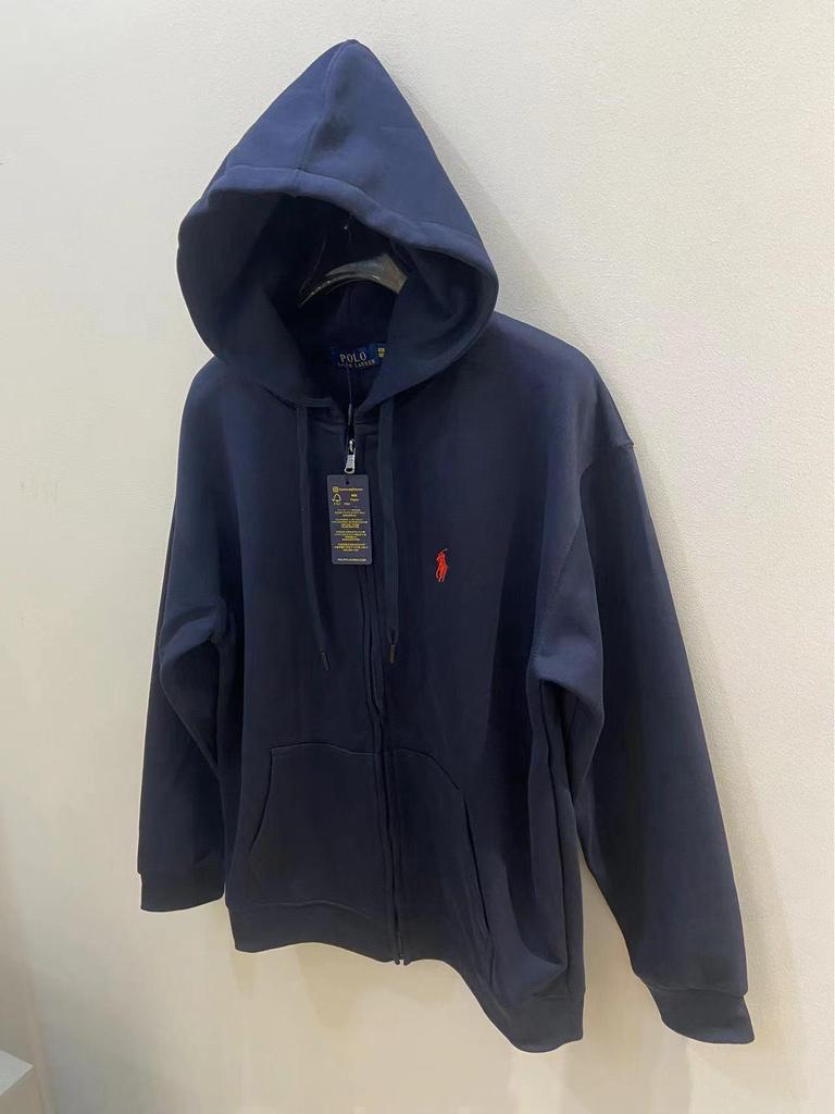 Men's Autumn/Winter Ralph Lauren Embroidered Logo Hooded Sweatshirt with Velvet Lining and Zipper.