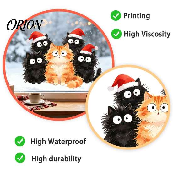 Santa Hat Cartoon Window Stickers Christmas Cling, Cats Sticker with Hat, Removable Creative Party Supplies PVC Static Glass Decal for Holiday Bedroom