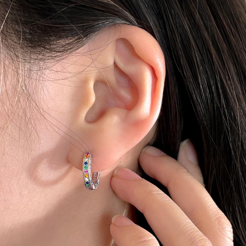Rainbow Zirconia Circle Earrings - French Retro Style with Lively Temperament and Ins Trendy Needle Back Design for Women