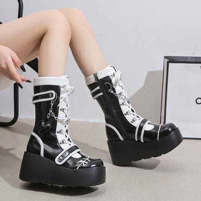 Damen Einzelstiefel Neu Winter Runde Zehenpartie Schnürung Seitlicher Reißverschluss Nieten Dicke Sohle Rutschfest Wadenlang