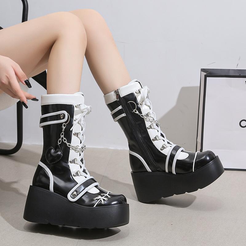Women's Single Boots New Winter Round Front Lace-up Side Zipper Rivet Thick Soled Non-slip Mid-calf Boots