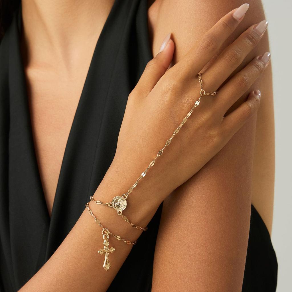 Fashion Metal Chain Cross Finger Bracelet, Personalized Coin Pendant, Back Chain Set For Women