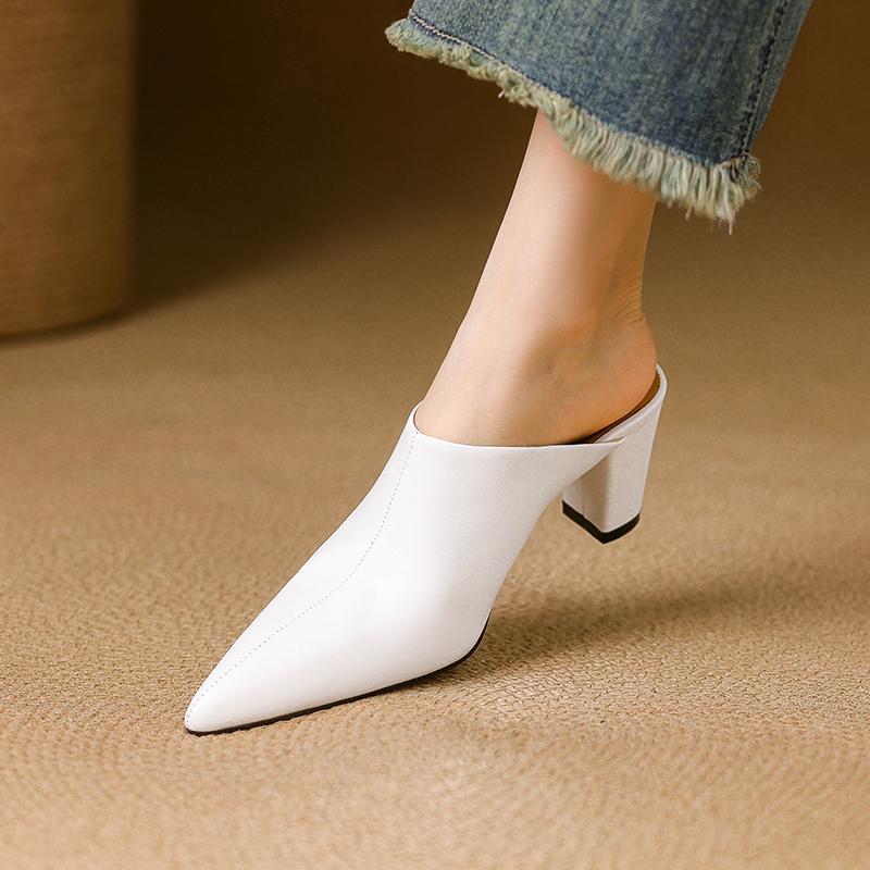 Módní letní dámské sandály Boty z pravé kůže pro ženy Špičatá špička Vysoký podpatek Dámské pantofle Krytá špička Robustní podpatek Dámské nazouváky