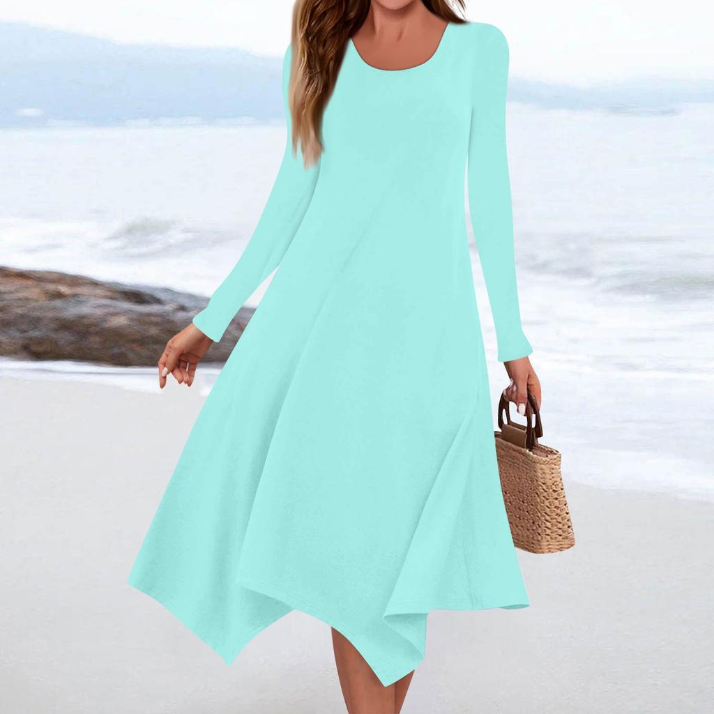 Women's Casual Fashion Round Neck Long Sleeve Solid Color Irregular Hem Midi Dress