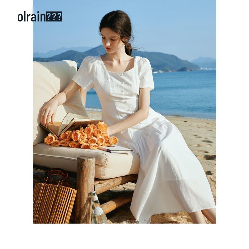Olrain French Square Collar Short Sleeve Midi Dress M белый