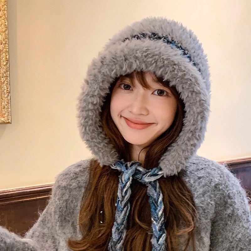 Winter warm ear protection color rope plush hat women's versatile windproof knitted wool hat plush thickened cycling pullover hat