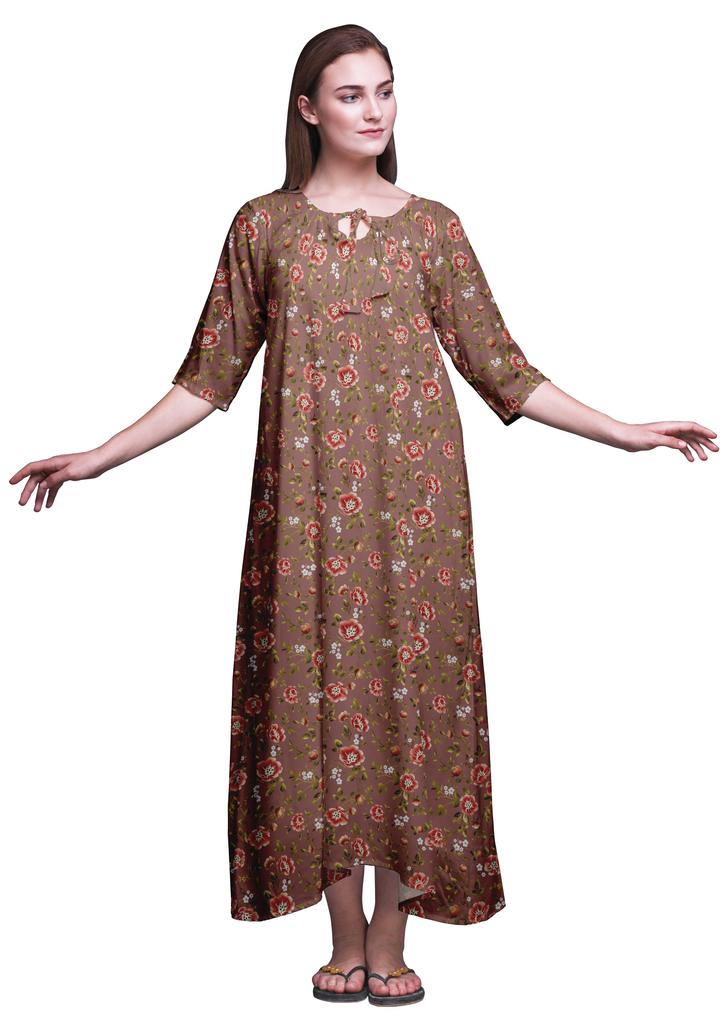 Bimba Dark Rose Brown Floral Leaves & Camellia Kanjiro Printed Nightgowns Maxi Sleepwear For Women Long Sleep Dress
