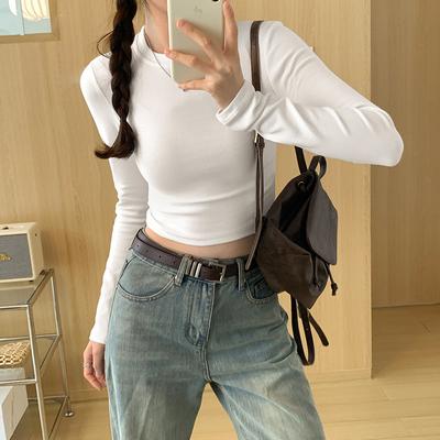 White Round Neck Short Long-sleeved T-shirt for Women Autumn New Hot Girl Slim Stretch Inner Bottoming Shirt Top