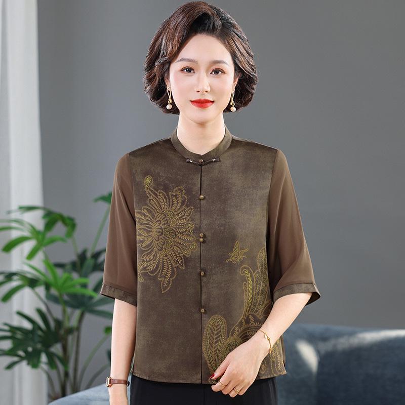 

Spring/Summer Medium-Sleeve Shirt for Middle-Aged/Elderly Women - Stylish Cardigan Top XL серый/кофейный