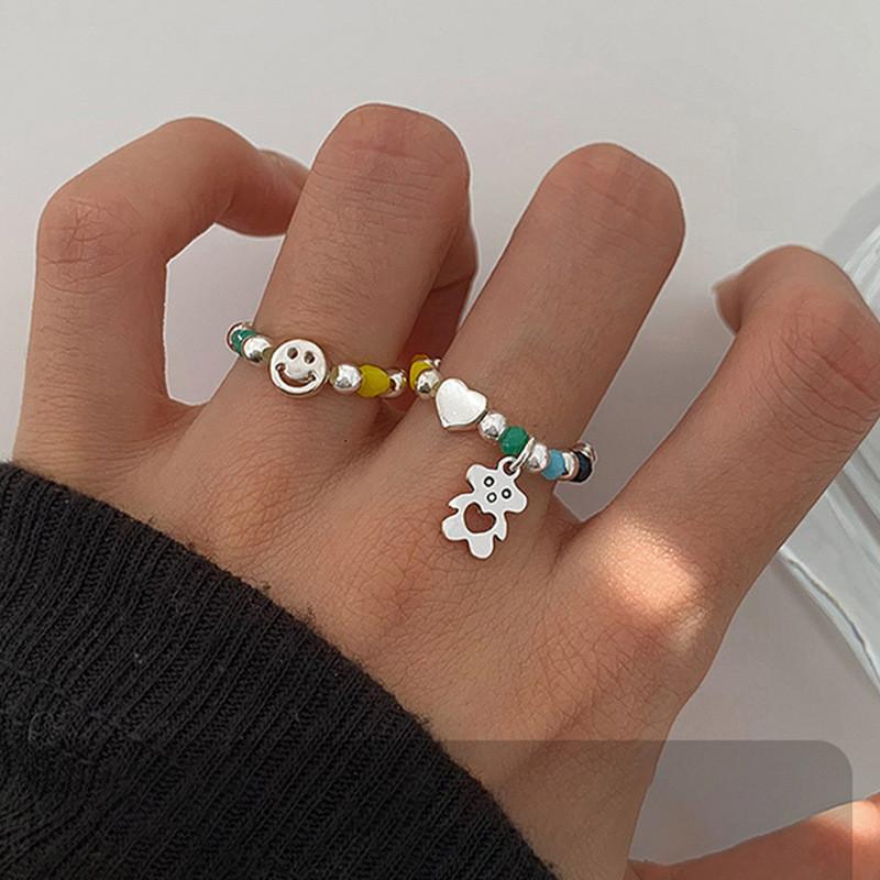 Elegant S925 Silver Smiley Face Charm Ring With Colorful Beads For Trendy Women