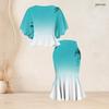Women Plus Size Crew Neck Turquoise Gradient Palm Printed Batwing Sleeve Ruffle Hem Top Fishtail Skirt Two Piece Set