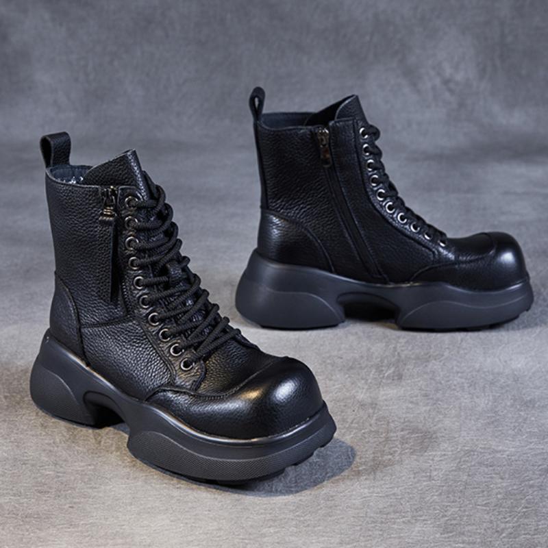 Johnature Vielseitige kurze Stiefel aus echtem Leder mit quadratischem Zehenbereich, lässige Stiefel mit dicken Sohlen, Damenschuhe