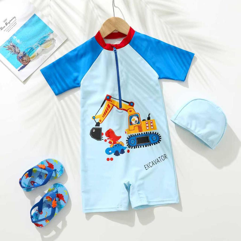 2026 Boys' One-Piece Swimsuit: Quick-Dry Boxer with Cartoon Design for 9-12M to 1-7Y, Sun Protective Swimwear