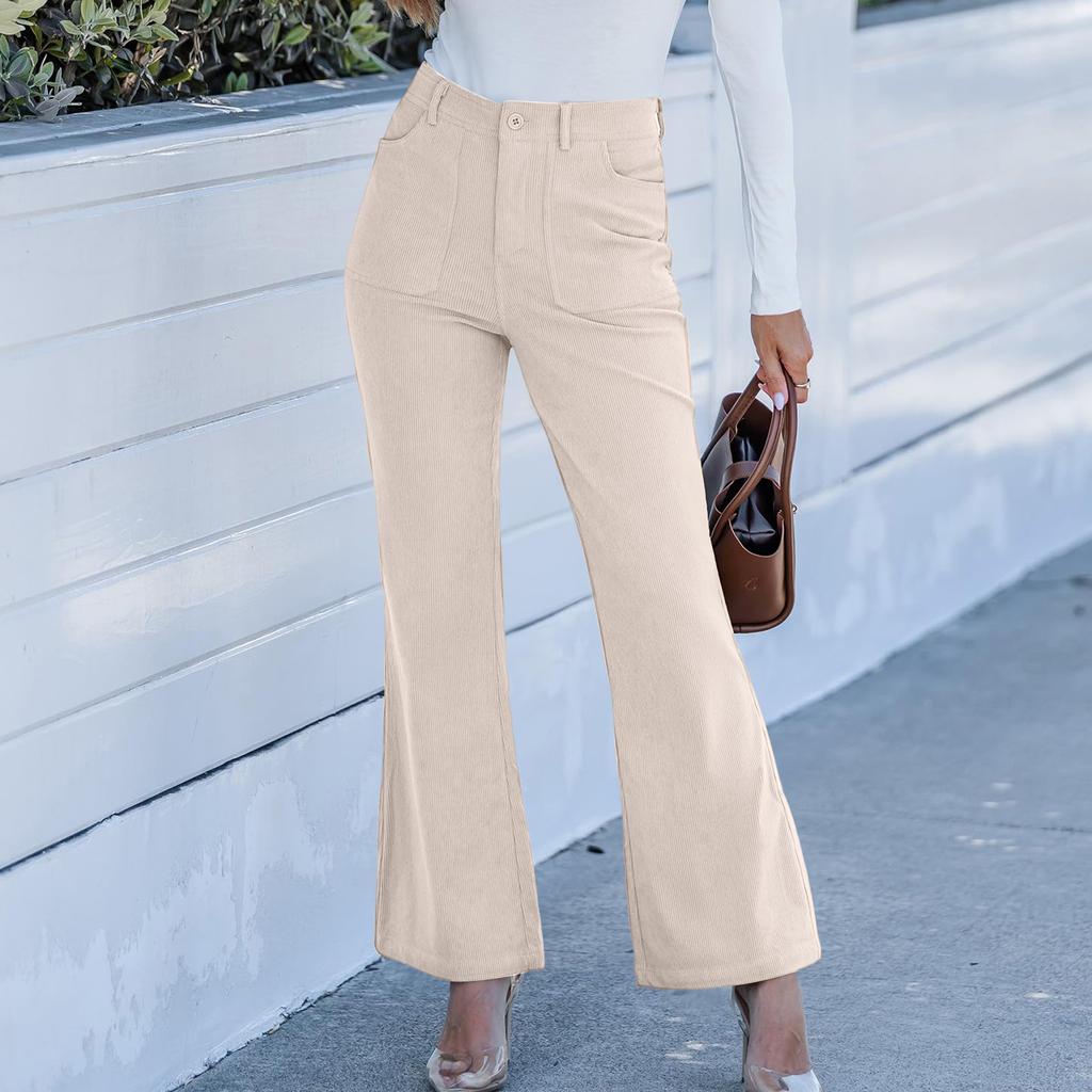 Corduroy Pants For Women Flare High Waisted Fall Winter Elastic Waist Stretchy Work Casual Trendy Wide Leg Pants