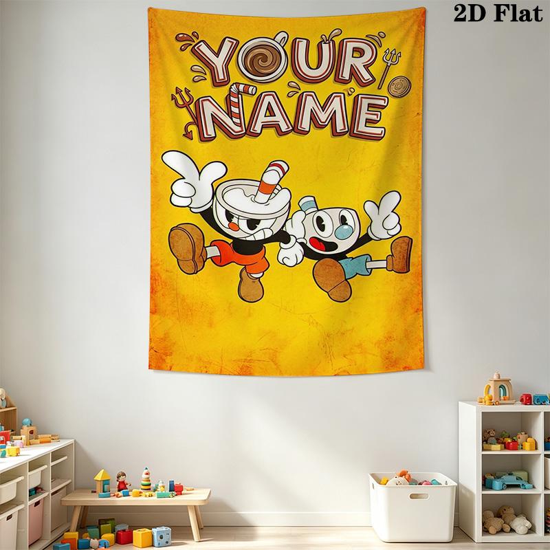 Name Custom Cuphead Game Wall Tapestry Aesthetic Wall Hanging Printed Fabric Blanket Decorative Tapestries for Bedroom Living Room Home Decor