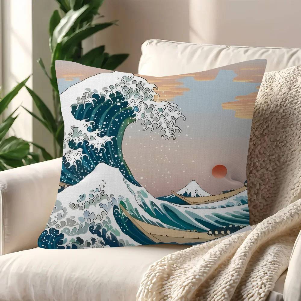 Vintage Hokusai Waves Cushion Cover Inches Farmhouse Decor Home Throw Pillow Covers For Couch Decorations