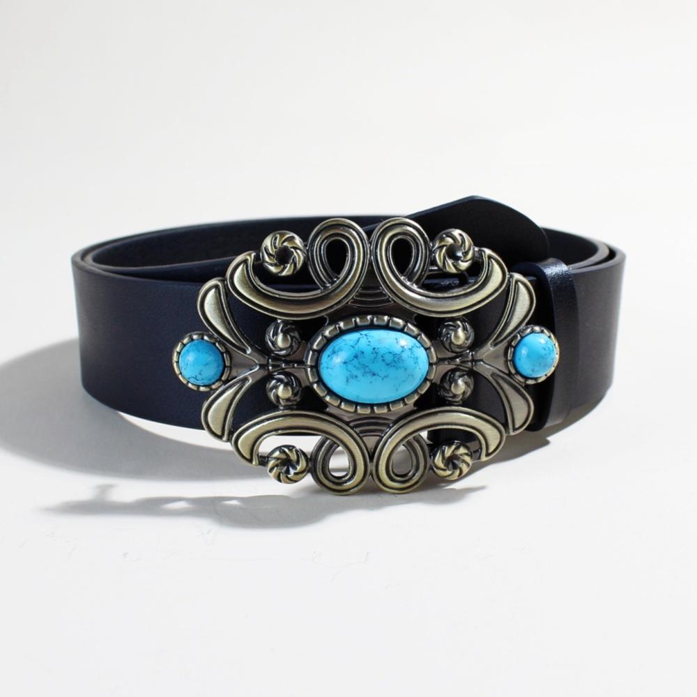 Bohemian Court Style Retro Ethnic Imitation Turquoise Black Decorative Belt Rose Pattern Embossed Wide Belt Female