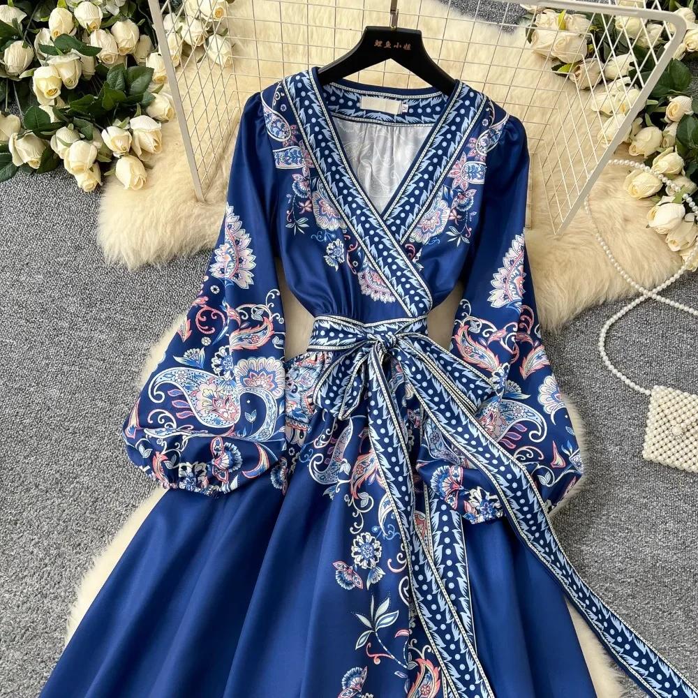 New Printted High Street Dresses For Women V Neck Long Sleeve Patchwork Sashes Temperament Dress Female Dresses