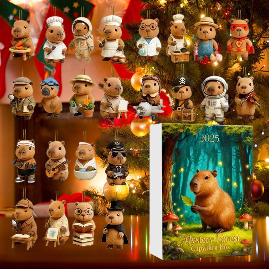 24Days Advent Capybara Toy Christmas Countdown Calendar 2D Flat Acrylic Pendant For Festive Car Rearview Stocking Stuffer Mantel