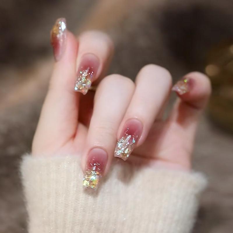 

Блестящие ногти с глиттером из дробленого алмаза - Накладные ногти средней длины с желейным клеем Glue Type