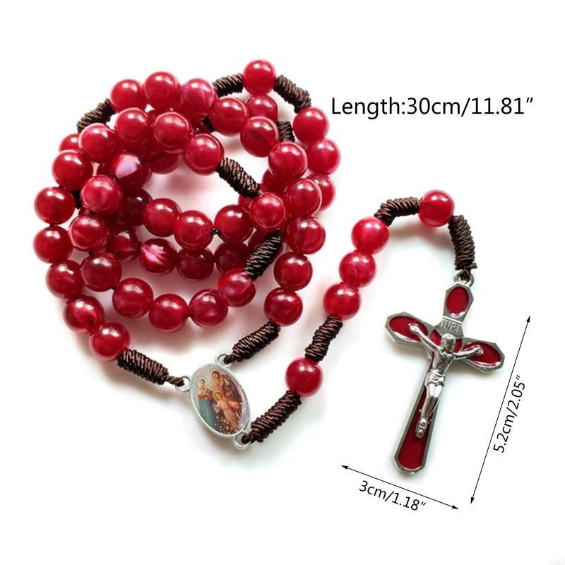 62KD 10mm Acrylic Bead Rosary Necklace Vintage Weave Catholic Religious for Cross Jesus Pendant Necklaces for Men Women
