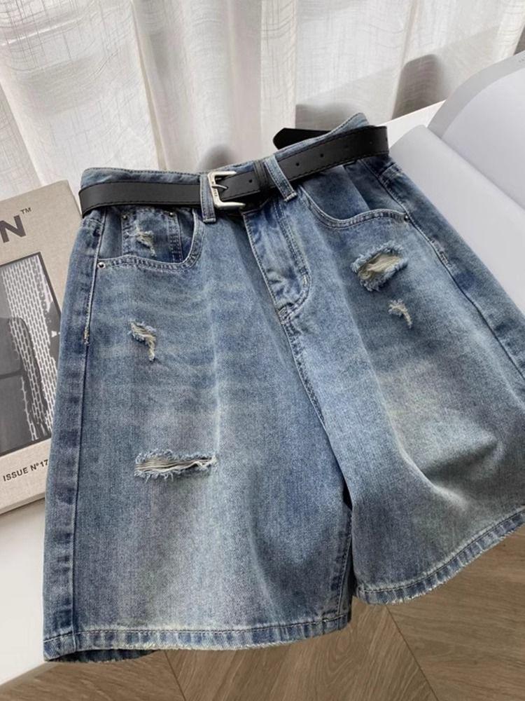 Plus Size High-Waisted Ripped Denim Shorts for Women - Summer Loose Slimming Wide-Leg Style
