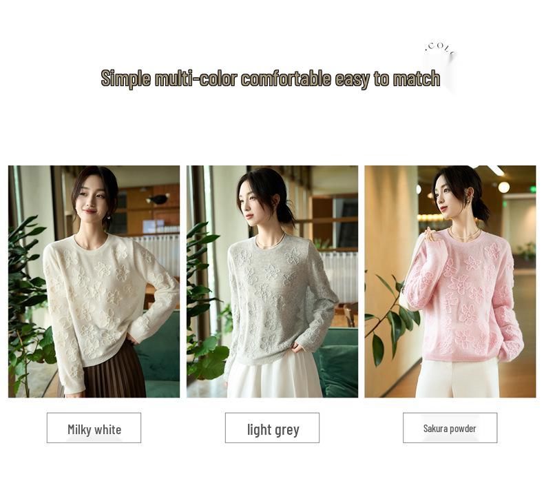 2025 Autumn/Winter Women's Embroidered Knit Wool Sweater - Round Neck, Loose Fit, Long Sleeve, Comfortable Top