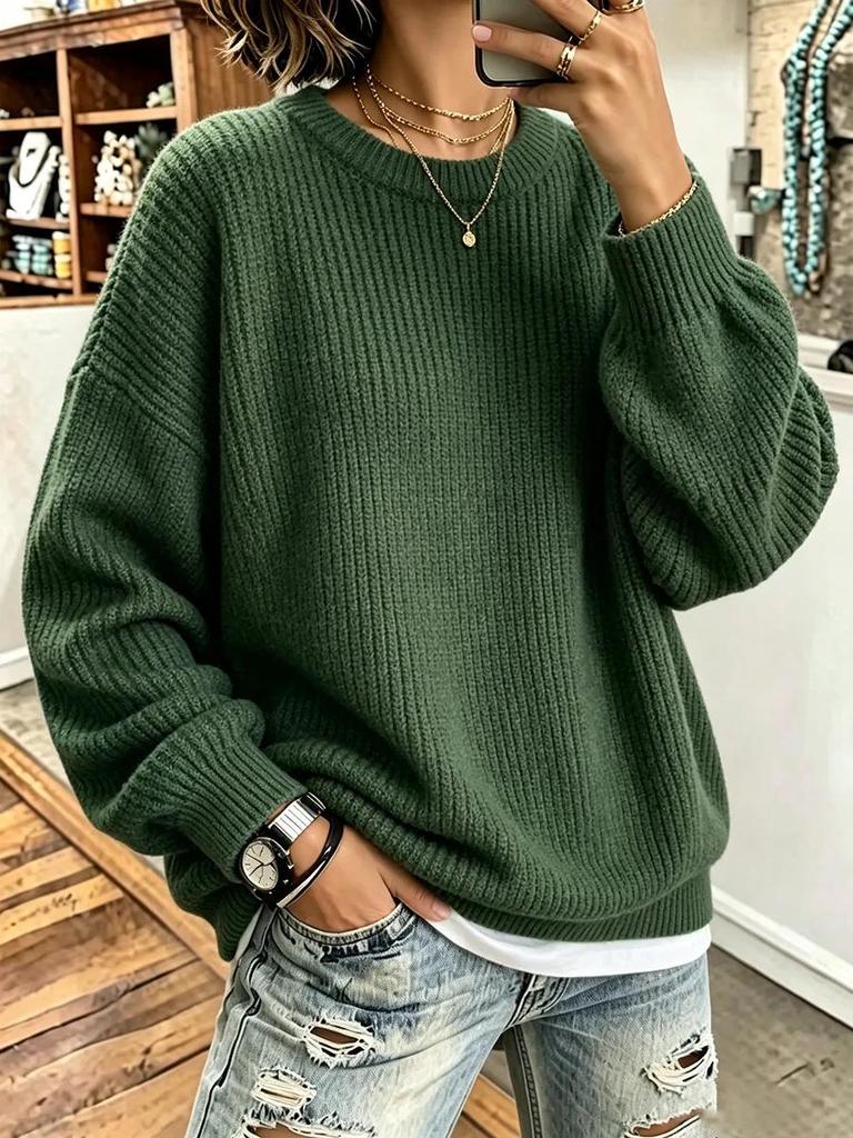 2026 European Autumn-Winter Ribbed Knit Round Neck Sweater - Loose, Comfortable Long Sleeve Pullover for Women