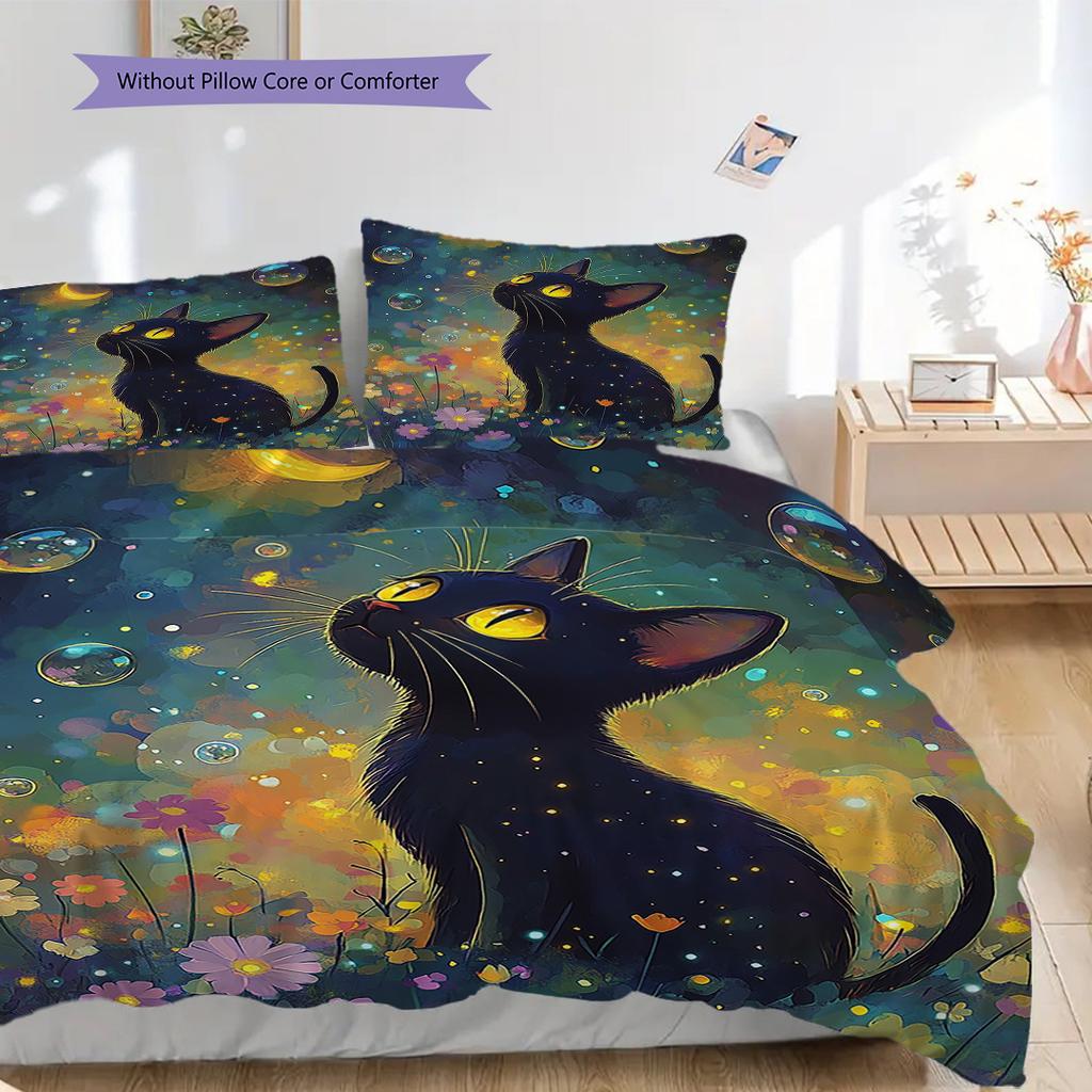 Black Cat Pattern Bedding Quilt Set Quilt Cover Pillowcase Home Decoration Birthday Gift (1 * Duvet Cover + 2 * Pillowcase, Without Core)