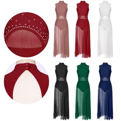 Womens Sleeveless Lyrical Dance Dress Stage Performance Costume Rhinestone Split Patchwork Leotard Dresses