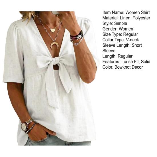 Women Shirt Pure Color Loose Fit Commuting Style Casual Tops Front Bowknot Decor Summer Pullover Tops