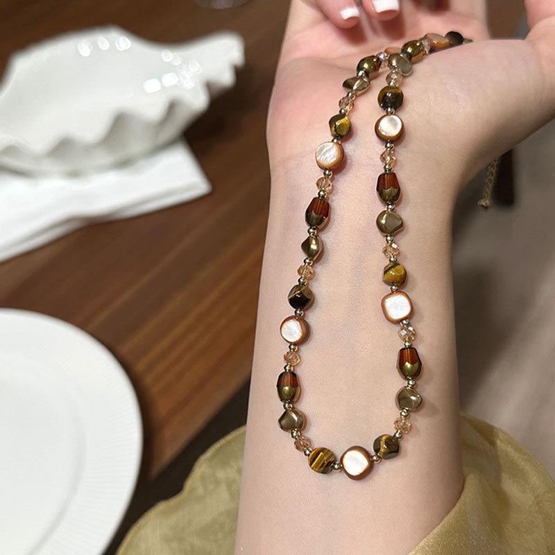 Náhrdelník z přírodního kamene Tygří oko s korálky pro ženy - Y2K Retro Módní Choker a Svetrový řetízek